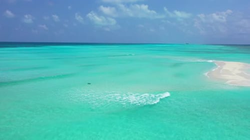 Aerial top down scenery of tropical coast beach journey by aqua blue sea with white sand background
