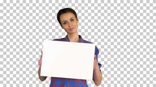 Attractive Woman shows blank white poster, Alpha Channel