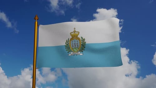 San Marino Flag Waving on a Gold Pole Against a Dynamic Sky