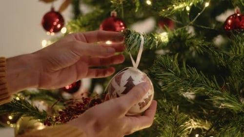 Decorating Christmas Tree with Festive Ornament at Home