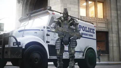 Futuristic Combat Robot Guarding Police Armored Truck