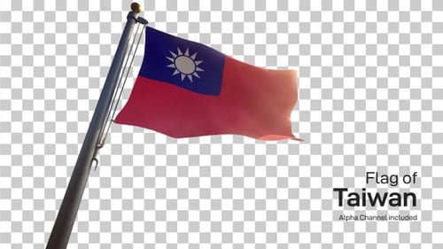 Realistic Taiwan Flag Waving on Pole with Transparent Background