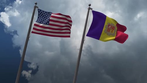 USA And Andorra Flags Waving In Cloudy Sky
