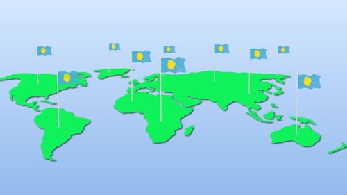 Animated Flat Design World Map with Waving Flags