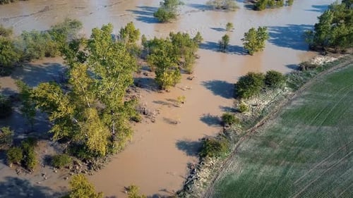 Aerial Spring River Flood in Forest
