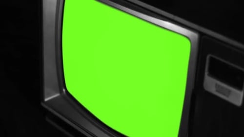 Old TV Set turning On and Off Green Screen. Black and White Tone.