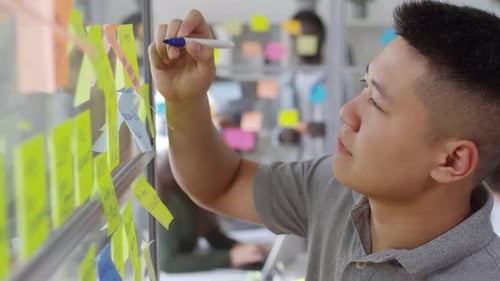Young Asian Man Writing Down Plans on Sticky Notes in Office