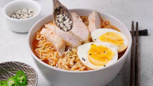 Chicken and Egg Ramen Being Prepared Close Up