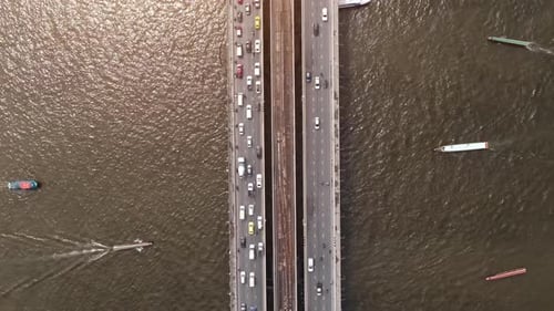 4k Time lapse, Top view of the Chao Phraya River, Traffic of cars and boats.