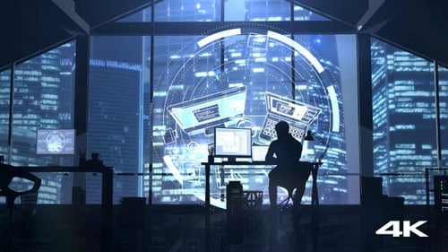 Web Developer On The Background Of Evening Skyscrapers And Infographics 4K