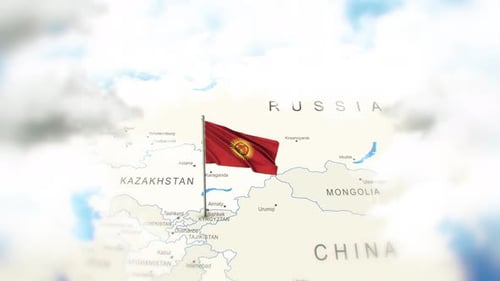 Kyrgyzstan National Flag Waving on Central Asian Map