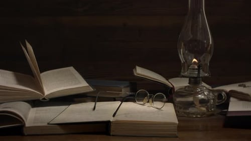 Vintage Books and Oil Lamp Still Life