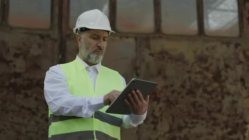 Architect Working on Digital Tablet at Building Site