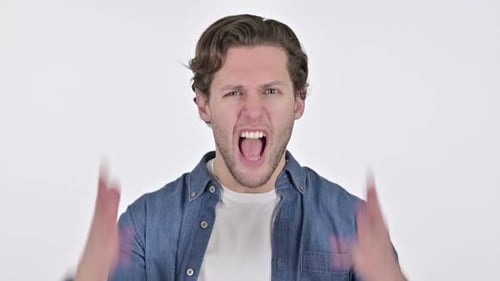 Frustrated Man Yelling Against a White Background