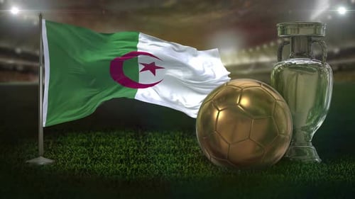Algeria Flag Waving with Golden Soccer Ball and Trophy in Stadium