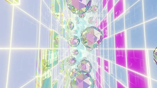 Abstract Geometric Spheres in Glowing Futuristic Grid Background
