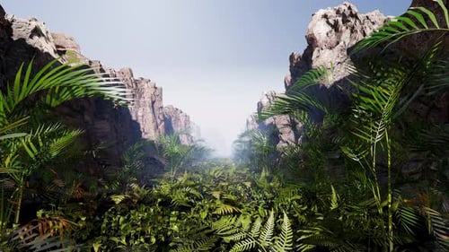 Animated Fly Through Over Lush Green Jungle Canyon