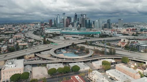 Scenic Downtown Los Angeles Aerial View. Busy Highway Overhead Drone View