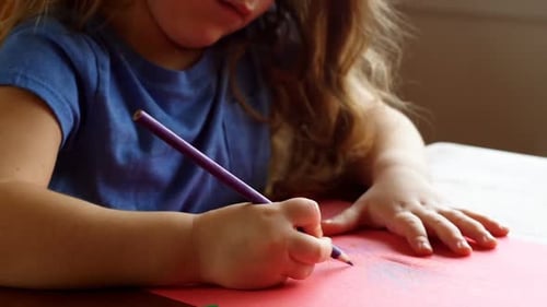 Young Girl Drawing Pictures with Colored Pencils Indoors