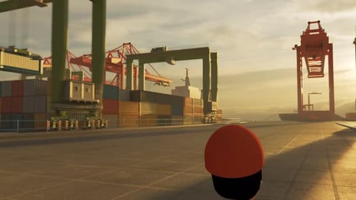 Dockworker in busy, polluted maritime container port. Transportation of goods.