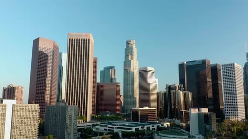 Cinematic urban aerial time lapse of downtown Los Angeles skyline.