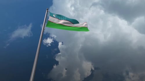 Uzbekistan National Flag Waving in Realistic Sky with Clouds