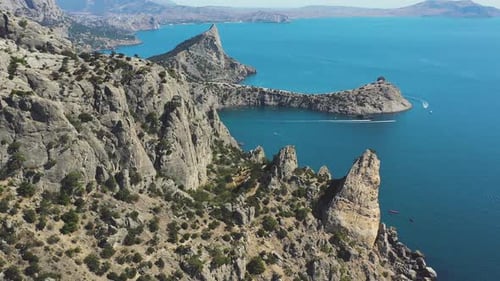 View From Above of the Reefs of the Crimean Coast and the Bay with Clear Water