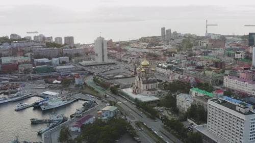 Aerial View of the Center of Vladivostok at Sunset Russia