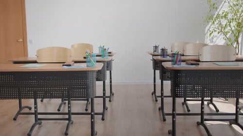 The Interior of a School Office Prepared for a Lesson in a Pandemic