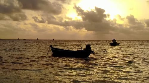 Warm panorama of tourist beach journey by blue water and sand background near sandbank
