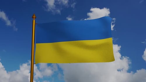 Realistic Waving Ukraine Flag Against Blue Sky