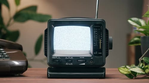 Televisor pequeño y antiguo con pantalla de interferencia gris en el fondo de la casa
