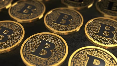 Animated Golden Bitcoin Cryptocurrency Coins Rotating