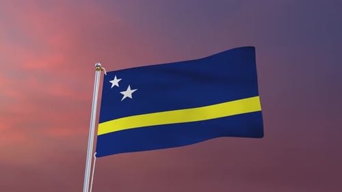 Curacao Flag Waving in Realistic Slow Motion with Sunset Sky