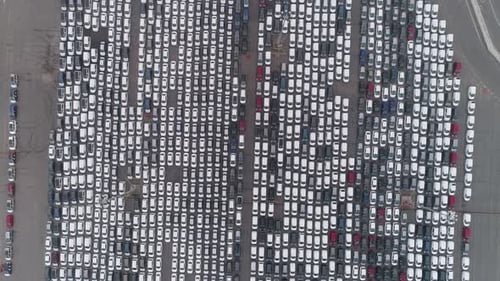 Aerial of Rows of Parked New Cars