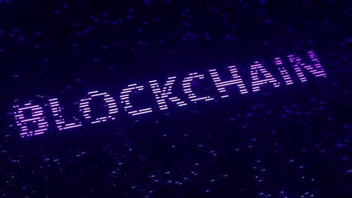 Violettes BLOCKCHAIN-Wort aus fliegenden Par
