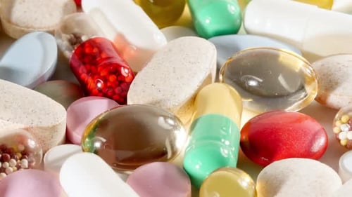 Colorful Medical Pills Rotating Closeup on White Background