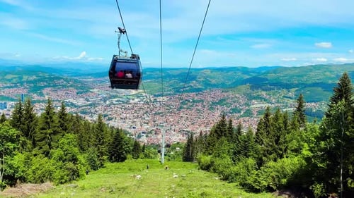 Cable Car Ascends Mountain, City View