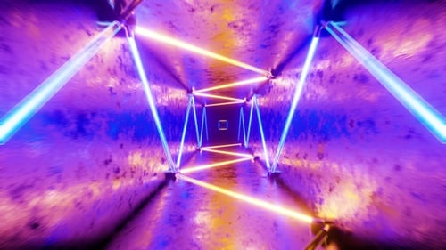 Flying in a tunnel with flashing multicolored fluorescent lights