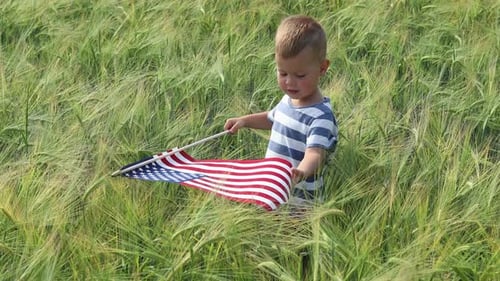 Child Playing With American Flag in a Grassy Field