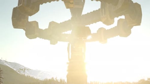 UFO Hovering Over a Forest at Sunset with Light Beam