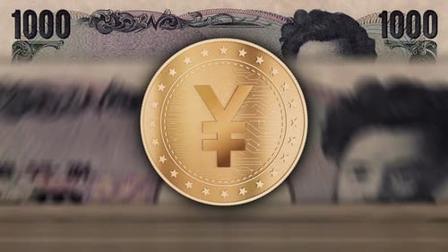 Goldene Münze des japanischen Yen über Banknoten-Schleife