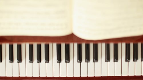 Piano Keys with Sheet Music Close Up