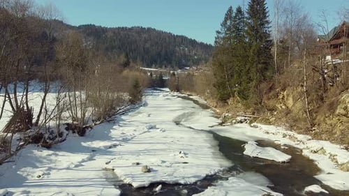 Drone View of Mountain River in Winter