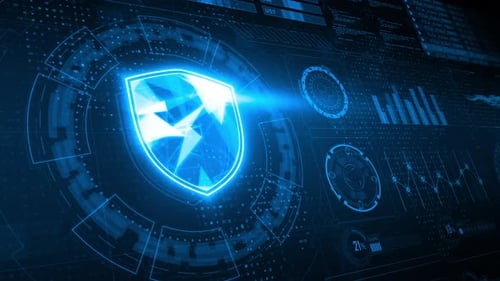 Blue shield with head up display background and futuristic technology abstract background