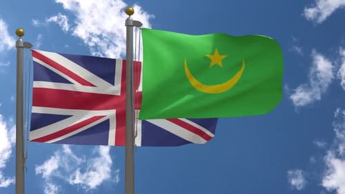 United Kingdom and Mauritania Flags Waving Seamlessly in Blue Sky