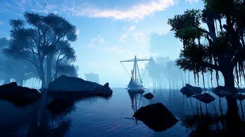 Mystical Viking Ships Sailing Through a Misty Forest Lake