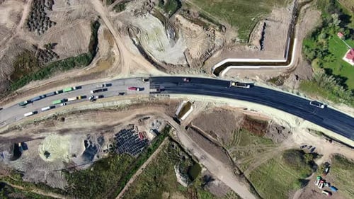 Top Aerial View Making New Asphalt at Road Construction