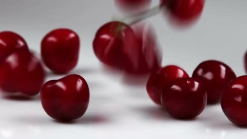 Rote Kirschen werden auf einen Tisch geworfen.