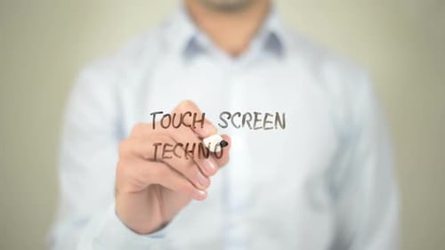 Touch Screen Technology, Businessman Writing on Transparent Screen